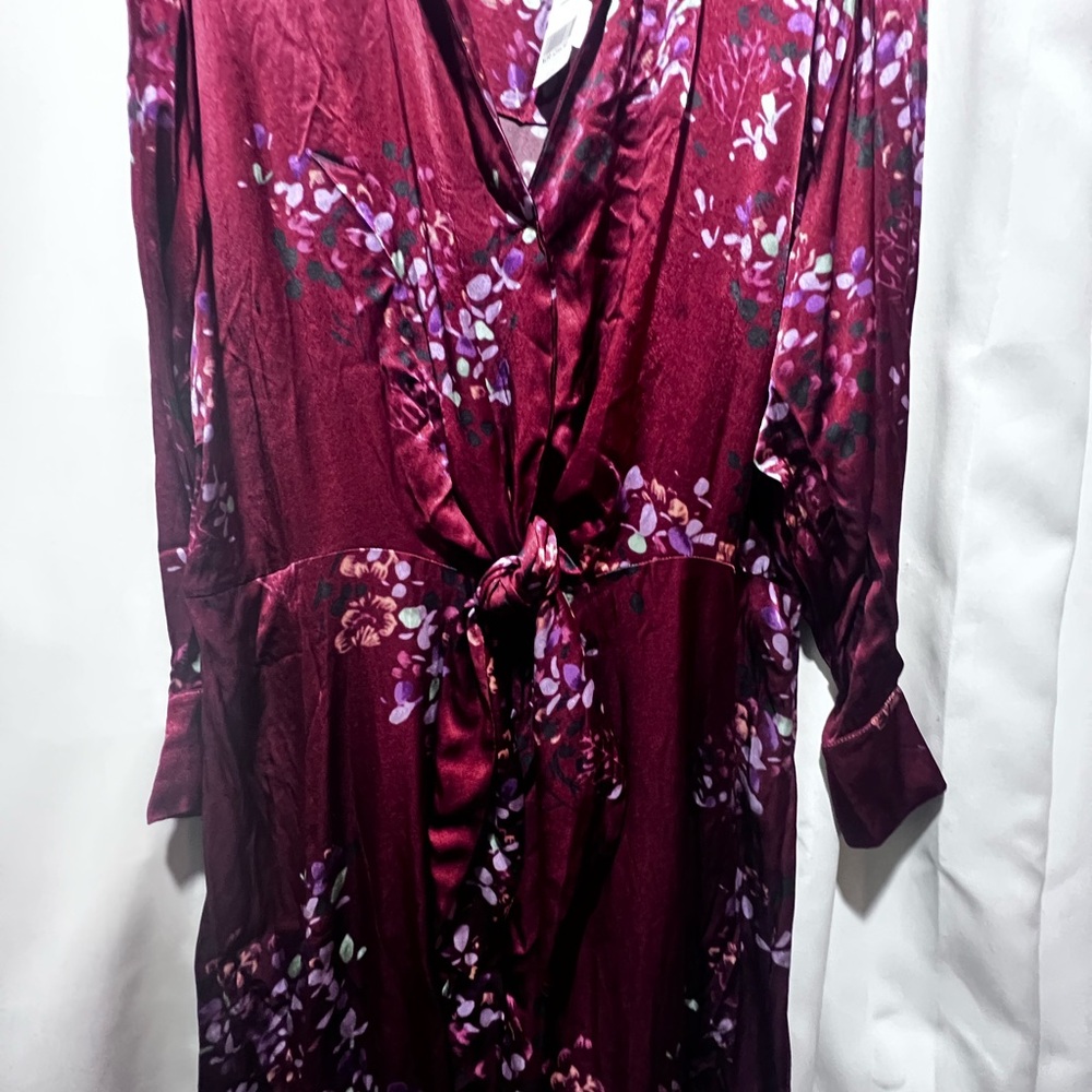 Vince Silk Floral Tie Waist Shirt Dress Burgundy Long Sleeve NWT 1X - Picture 4 of 10